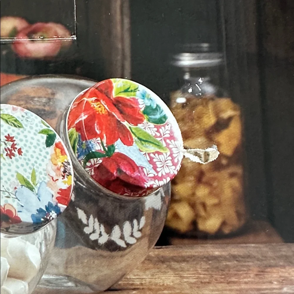 RARE! The Pioneer Woman Floral Medley Glass‎ Storage Jars with Metal Rack